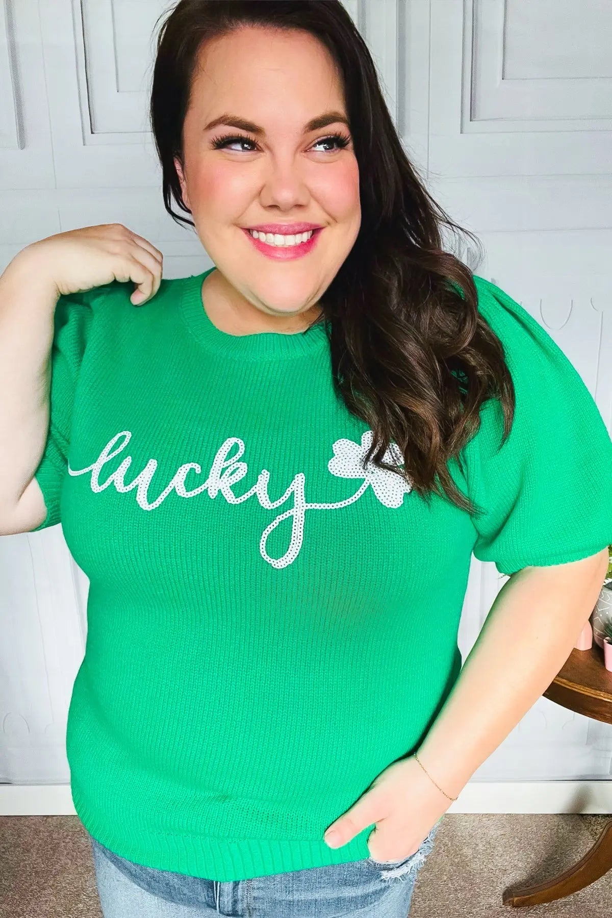 Lucky Lady Shamrock Green Sequin Puff Sleeve Knit Top Haptics