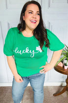 Lucky Lady Shamrock Green Sequin Puff Sleeve Knit Top Haptics