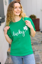 Lucky Lady Shamrock Green Sequin Puff Sleeve Knit Top Haptics