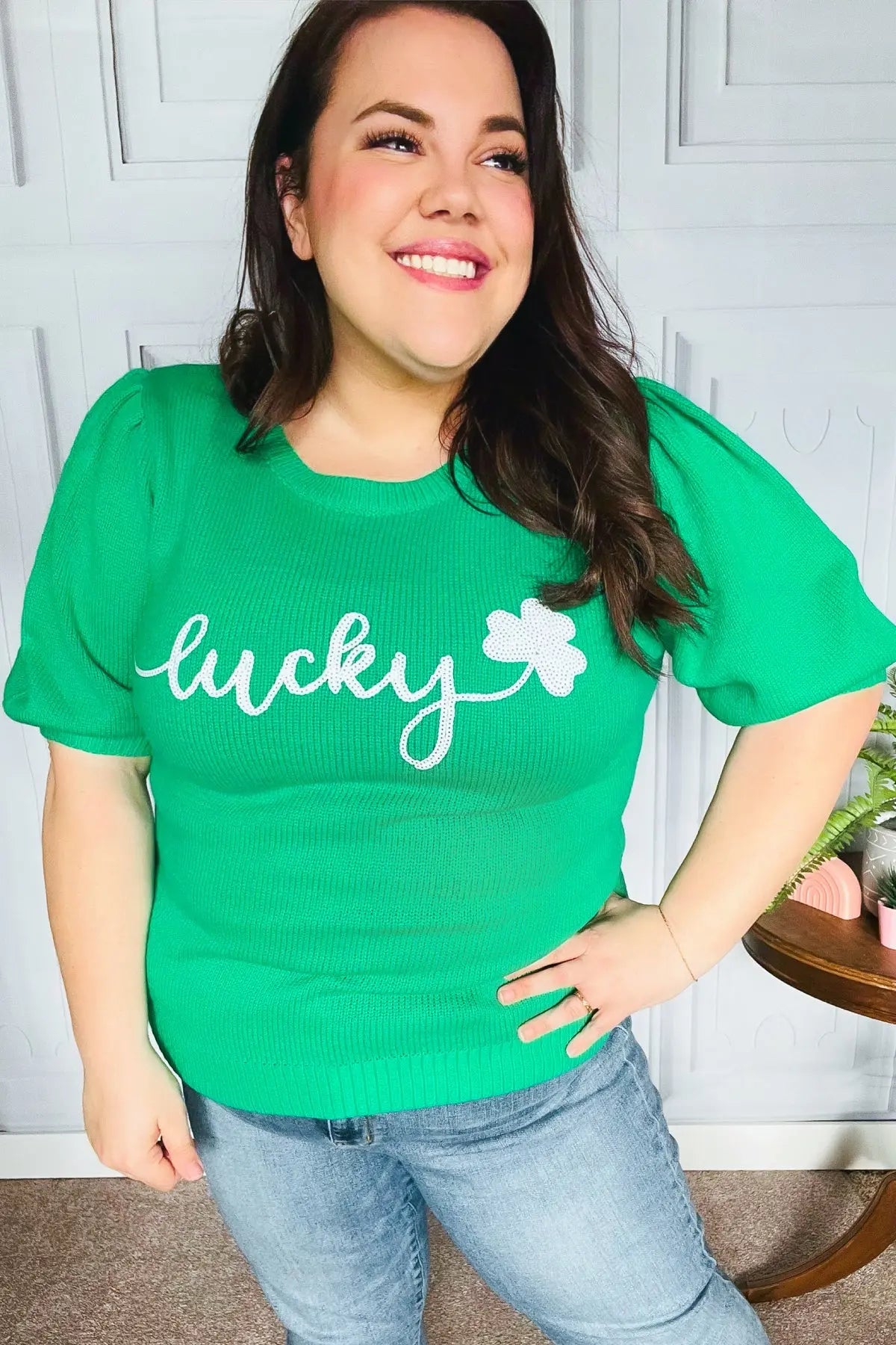 Lucky Lady Shamrock Green Sequin Puff Sleeve Knit Top Haptics