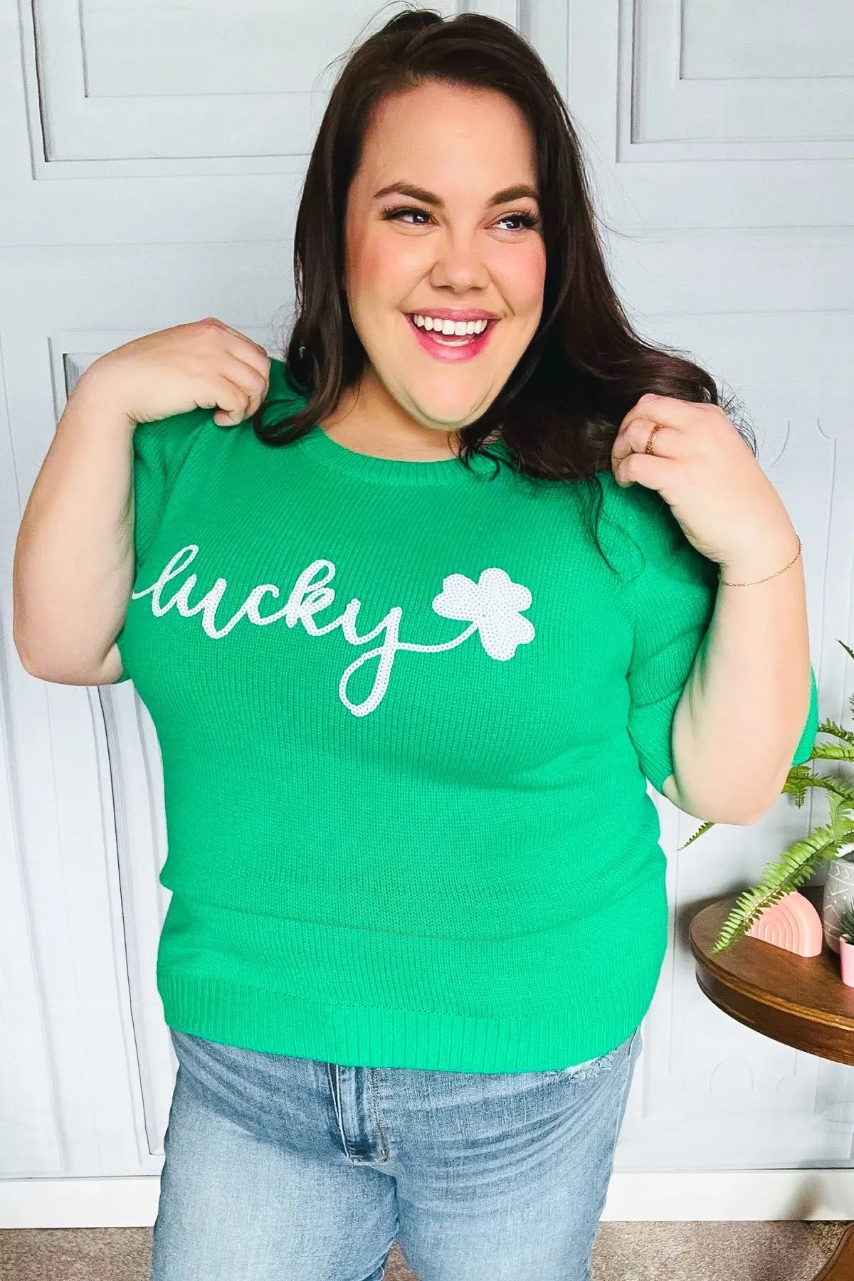 Lucky Lady Shamrock Green Sequin Puff Sleeve Knit Top Haptics