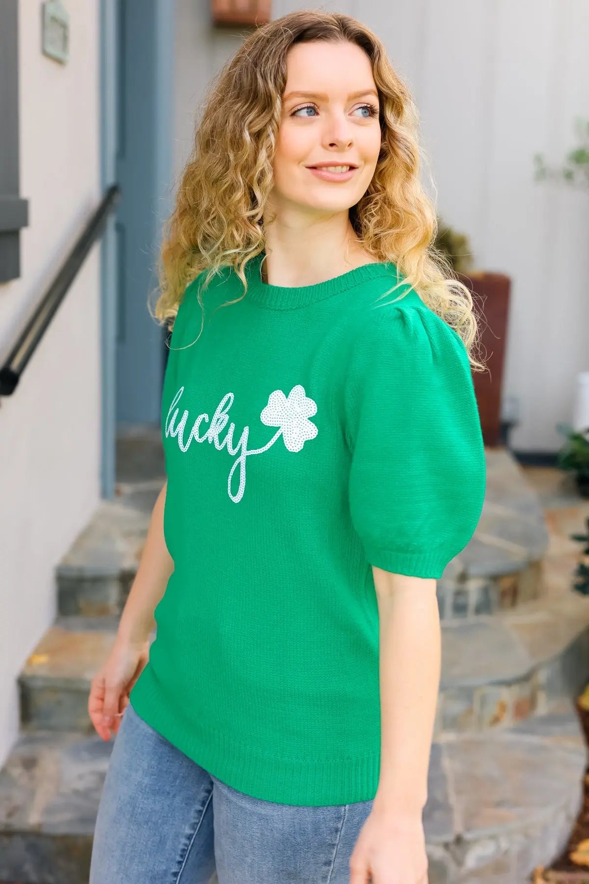 Lucky Lady Shamrock Green Sequin Puff Sleeve Knit Top Haptics