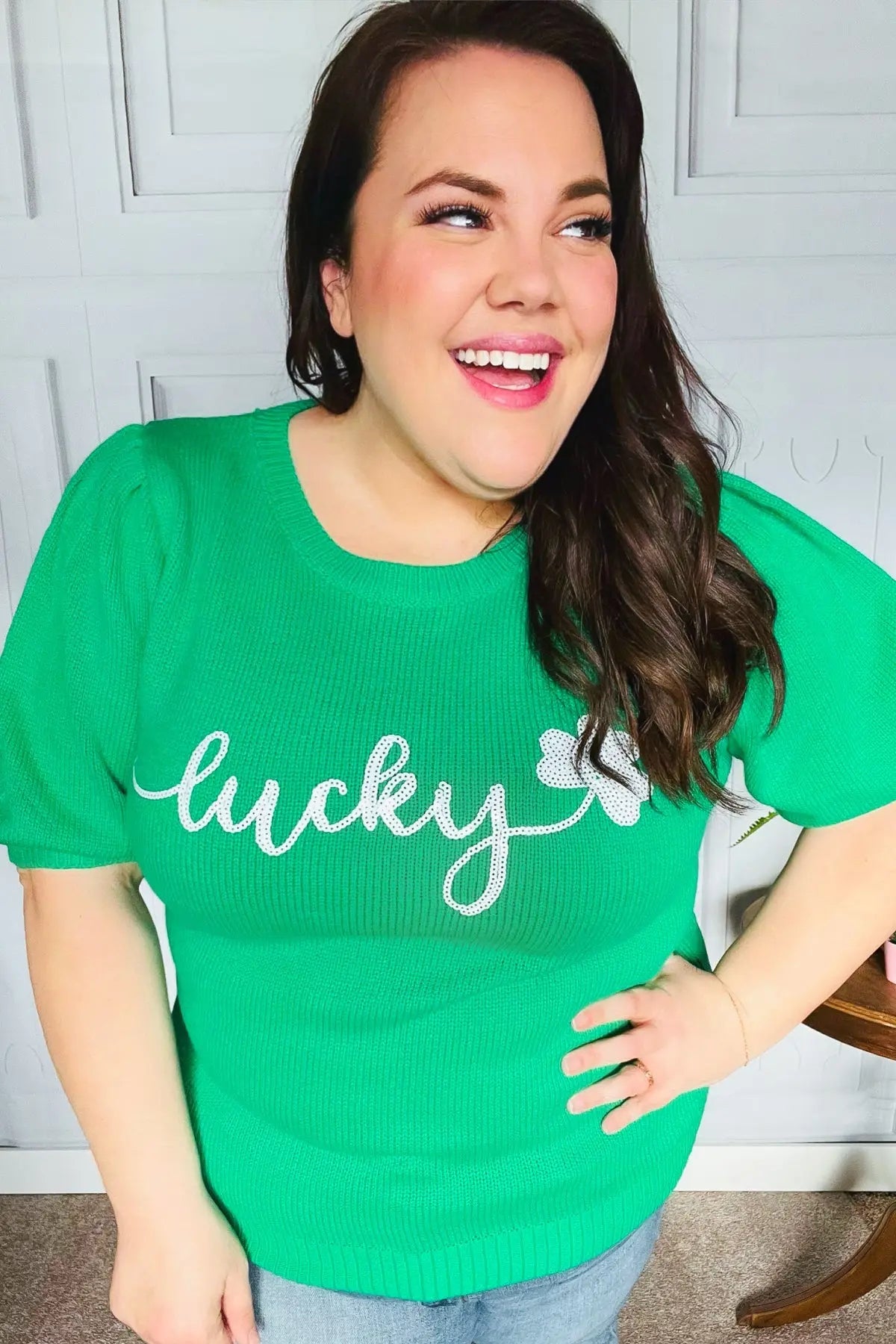 Lucky Lady Shamrock Green Sequin Puff Sleeve Knit Top Haptics