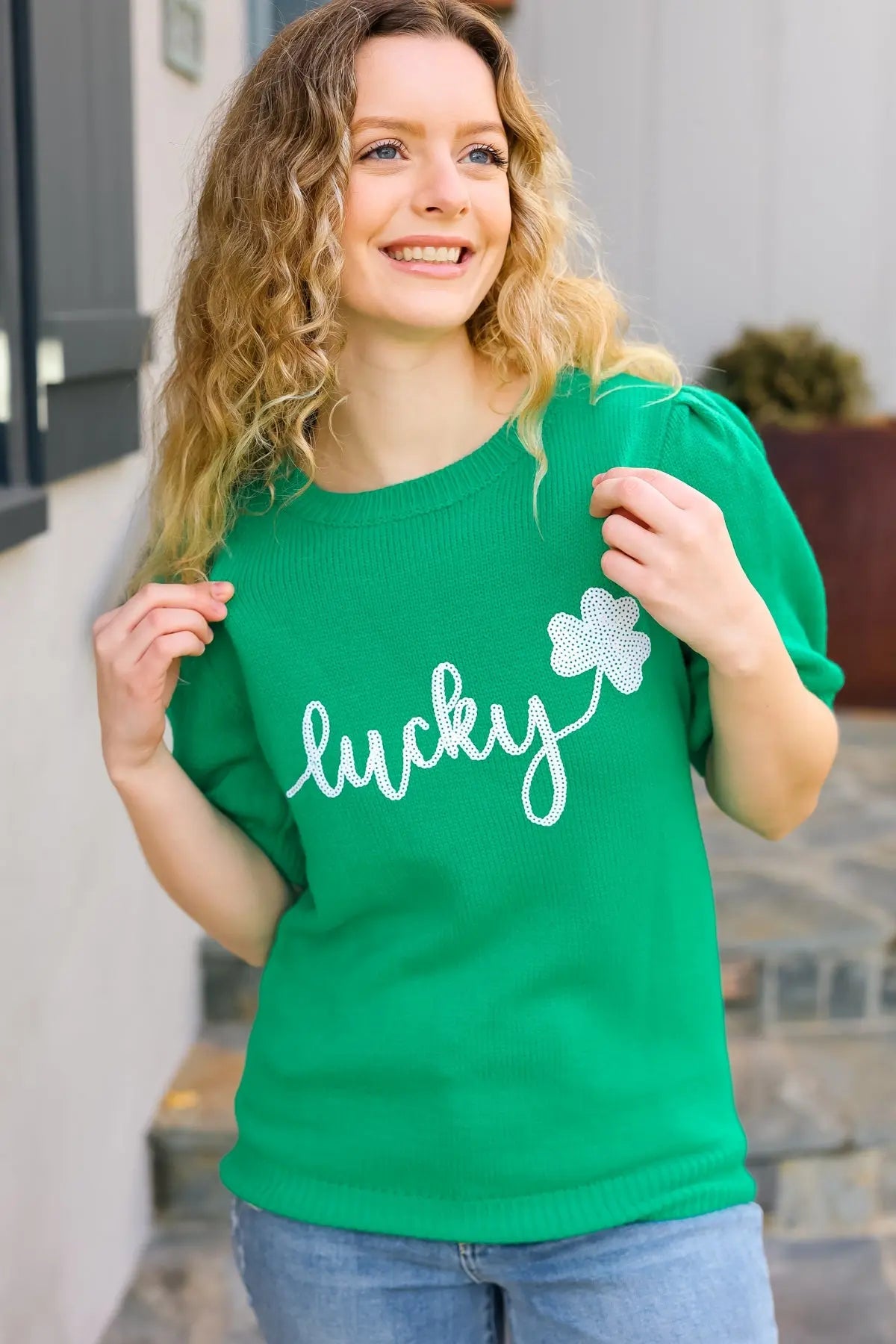 Lucky Lady Shamrock Green Sequin Puff Sleeve Knit Top Haptics