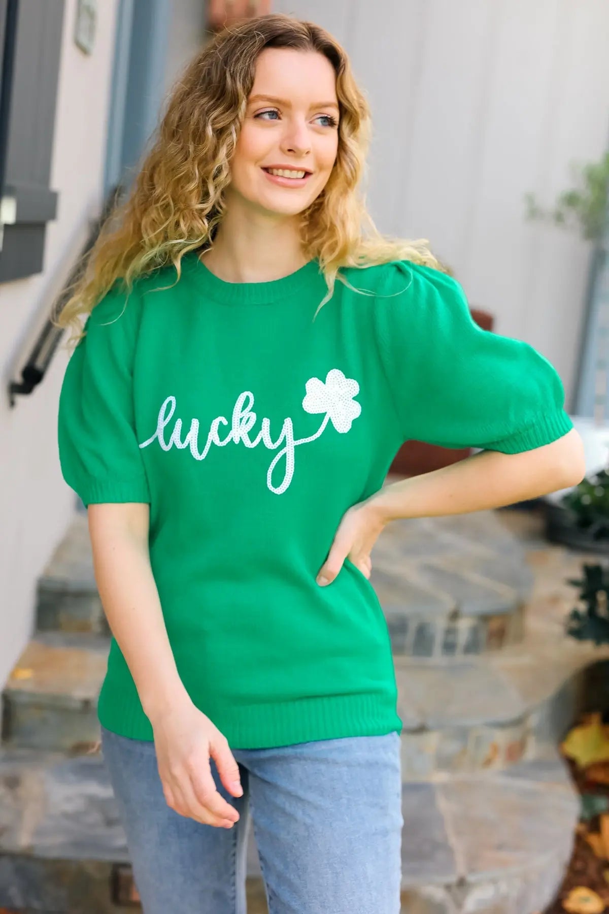 Lucky Lady Shamrock Green Sequin Puff Sleeve Knit Top Haptics