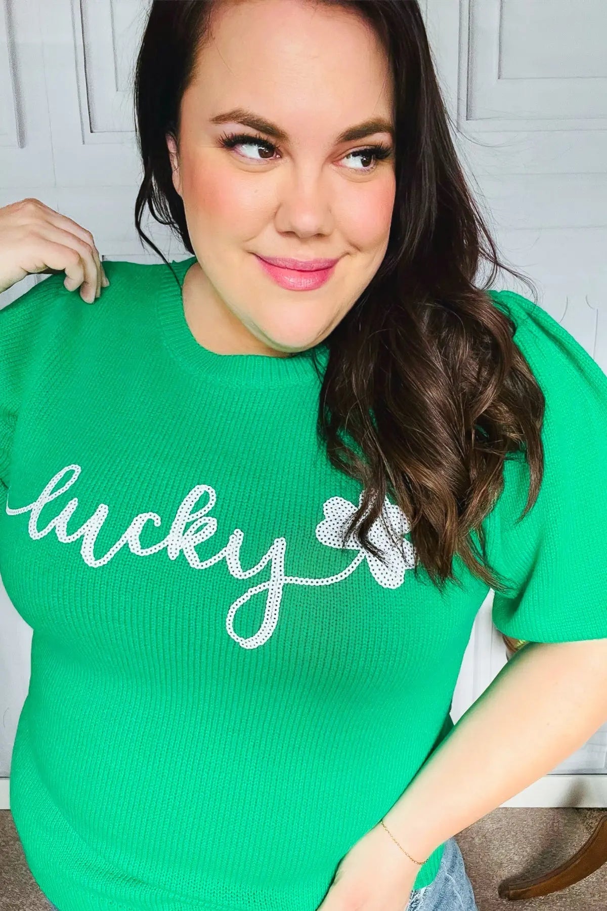 Lucky Lady Shamrock Green Sequin Puff Sleeve Knit Top Haptics