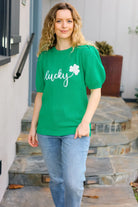 Lucky Lady Shamrock Green Sequin Puff Sleeve Knit Top Haptics