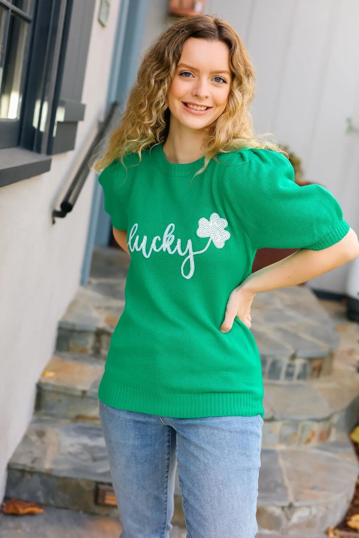 Lucky Lady Shamrock Green Sequin Puff Sleeve Knit Top Haptics