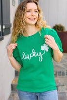 Lucky Lady Shamrock Green Sequin Puff Sleeve Knit Top Haptics