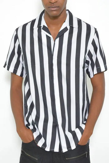 MENS SHORT SLEEVE STRIPED BUTTON DOWN PRINT SHIRT WEIV