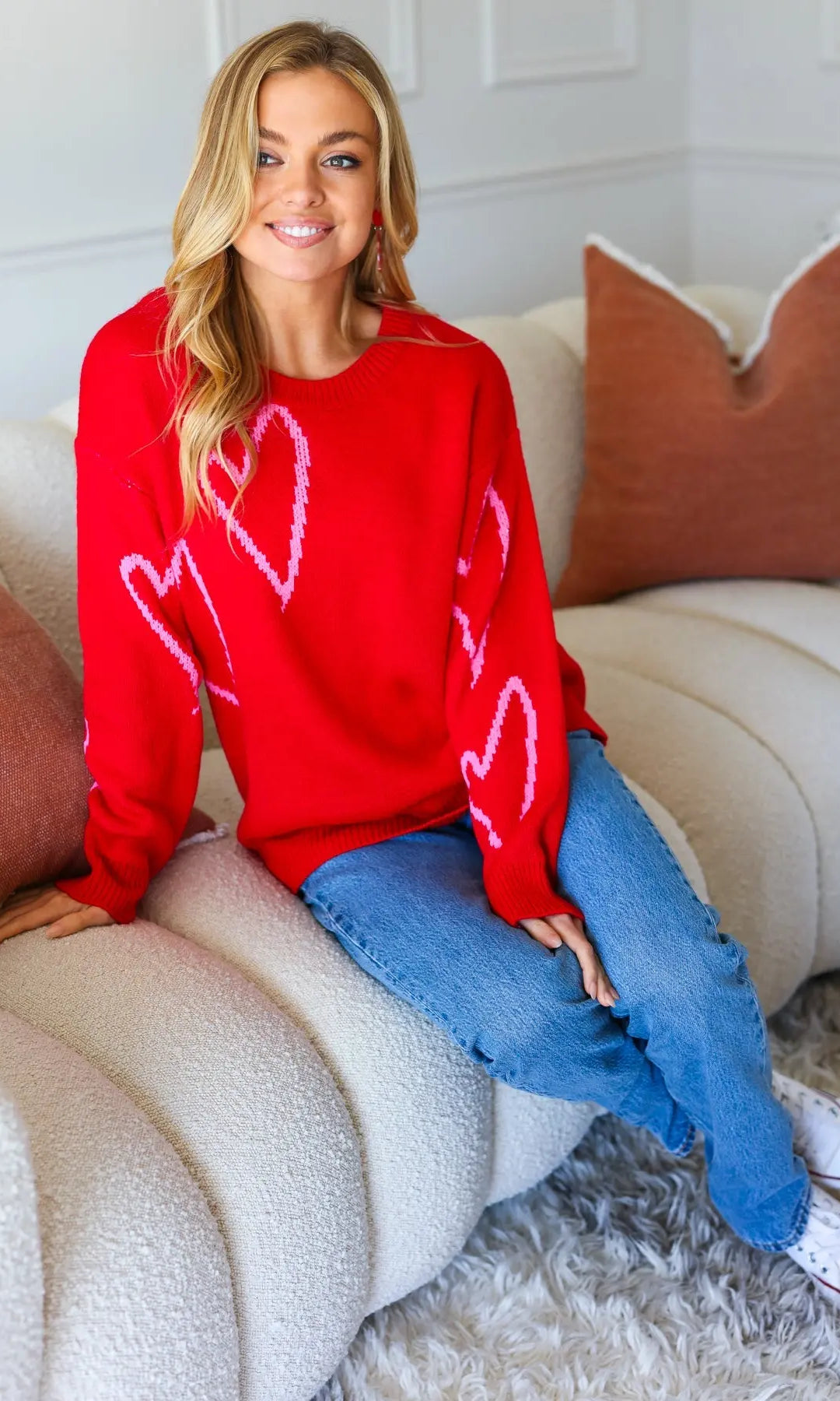 Make You Smile Red Heart Jacquard Oversized Sweater Haptics