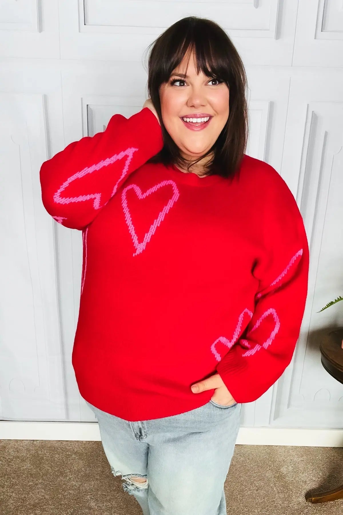 Make You Smile Red Heart Jacquard Oversized Sweater Haptics