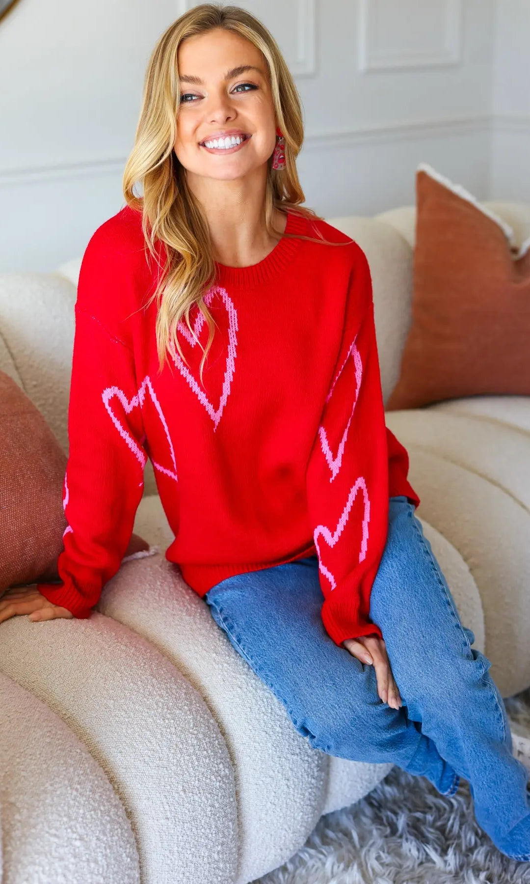 Make You Smile Red Heart Jacquard Oversized Sweater Haptics