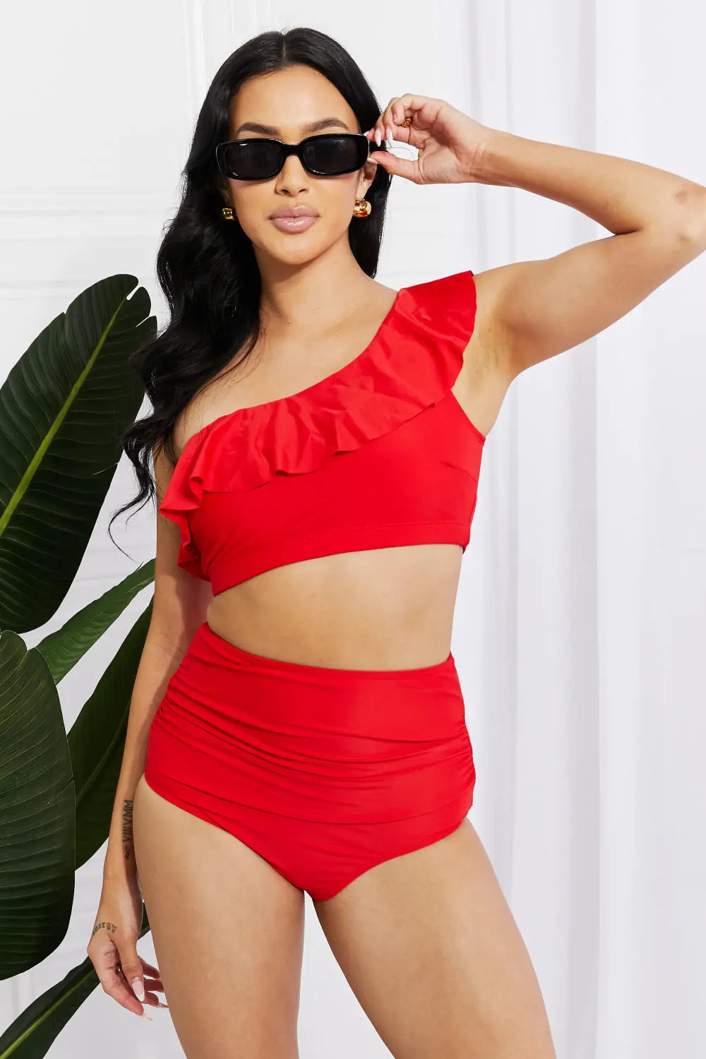 Marina West Swim Seaside Romance Ruffle One-Shoulder Bikini in Red Marina West Swim