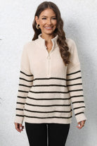 Mock Neck Long Sleeve Zip-Up Sweater Trendsi