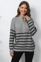 Mock Neck Long Sleeve Zip-Up Sweater Trendsi