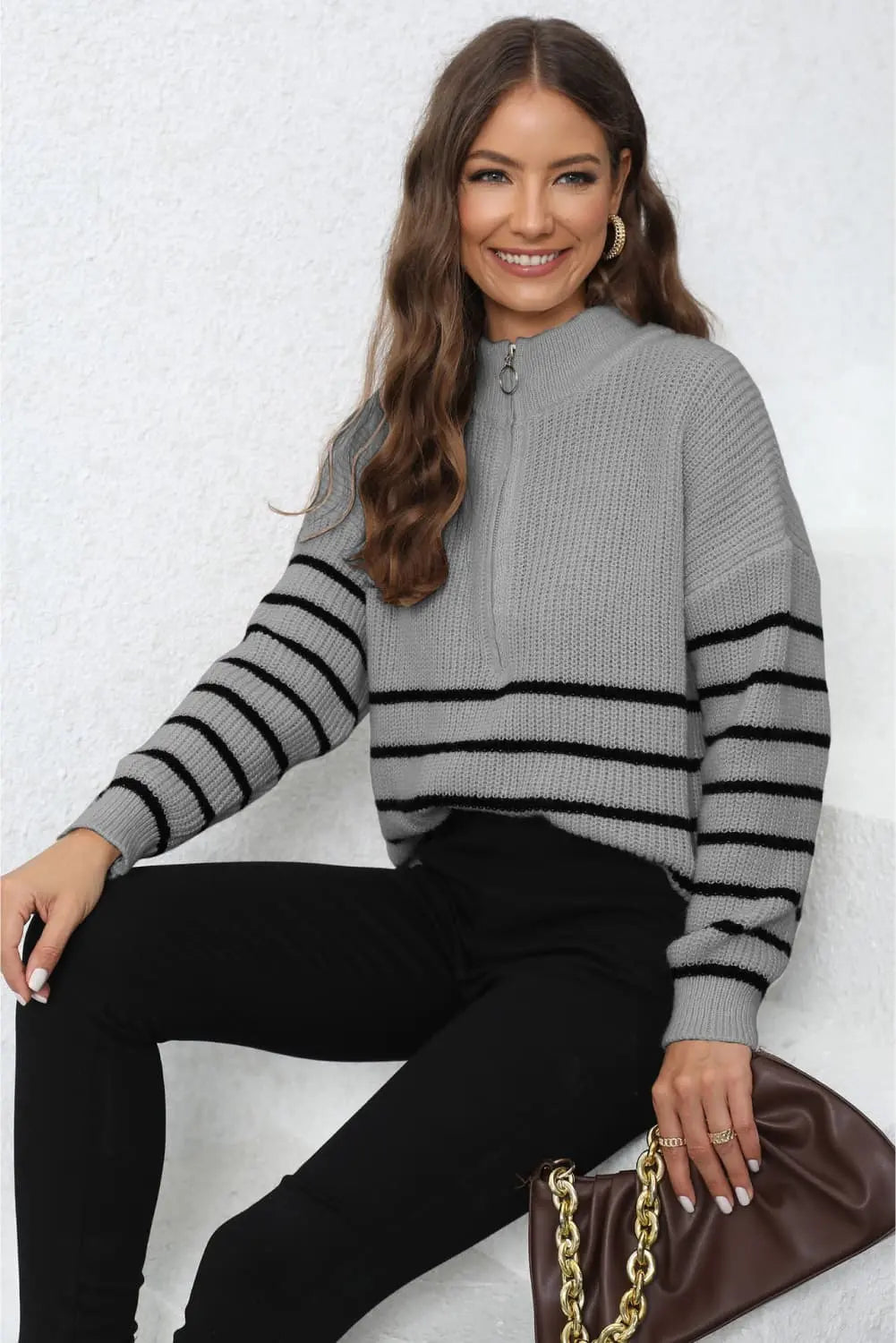 Mock Neck Long Sleeve Zip-Up Sweater Trendsi