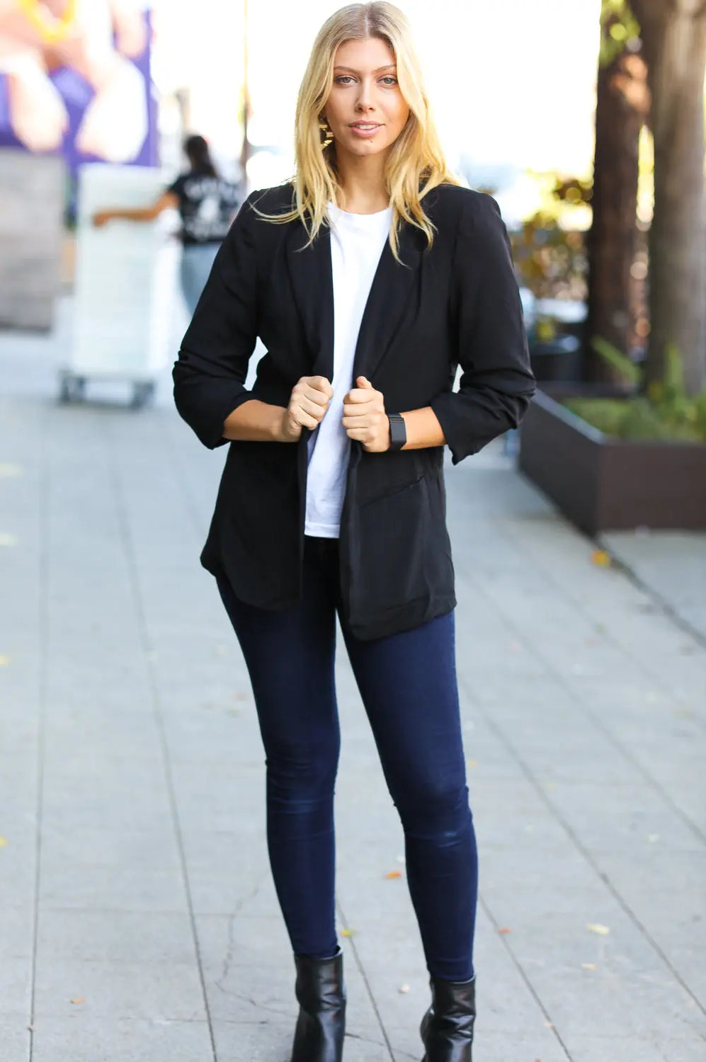 More To Love Black Notched Lapel Ruched Sleeve Blazer Sugarfox