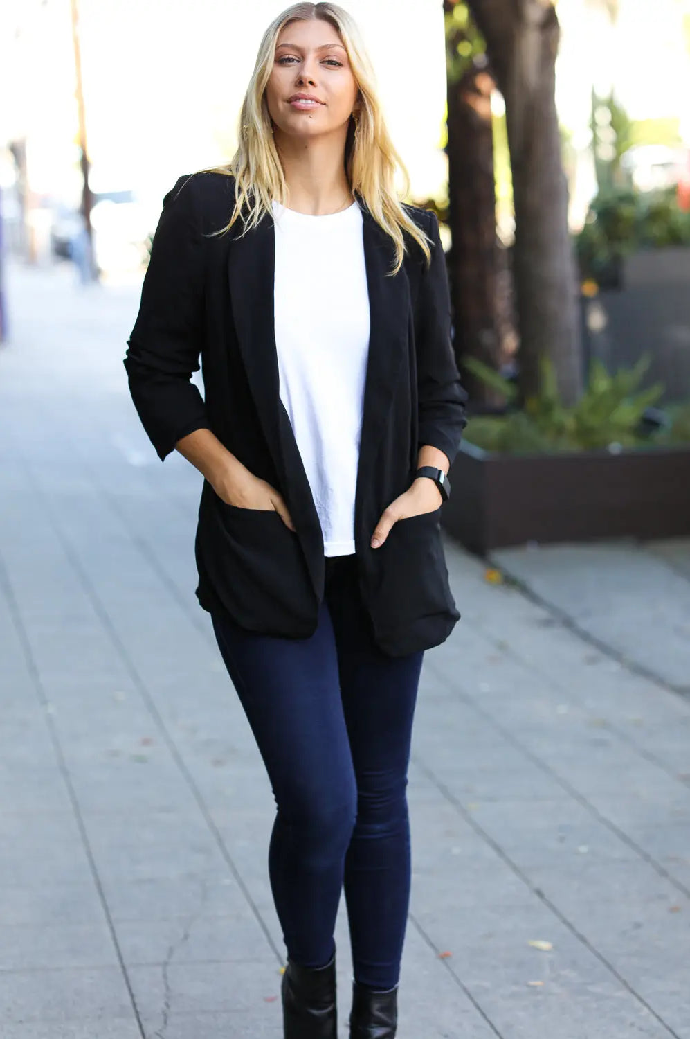 More To Love Black Notched Lapel Ruched Sleeve Blazer Sugarfox