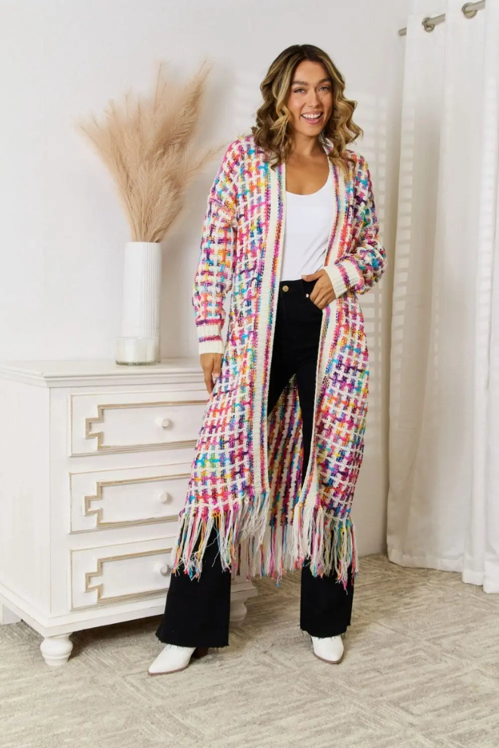 Multicolored Open Front Fringe Hem Cardigan Trendsi