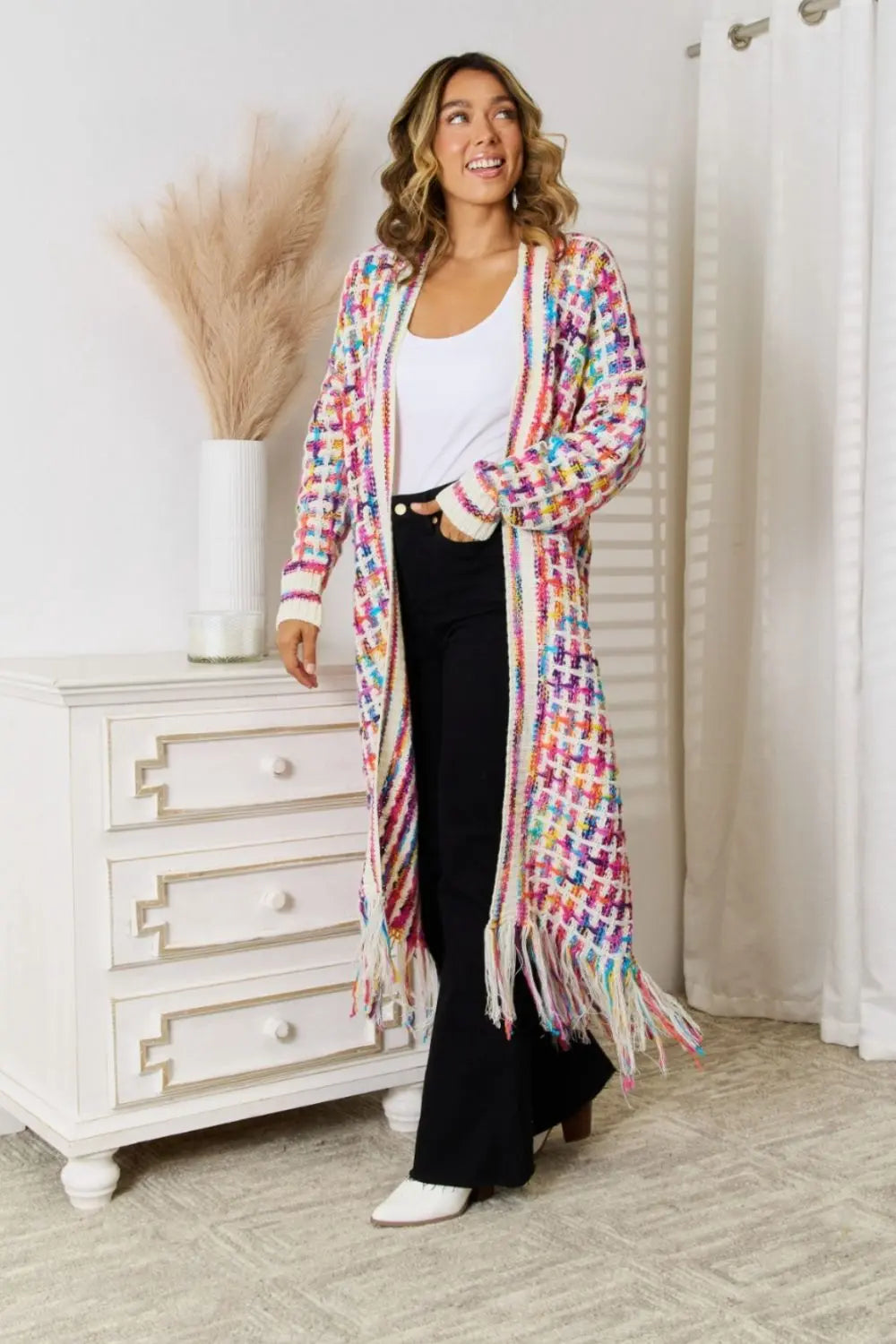 Multicolored Open Front Fringe Hem Cardigan Trendsi