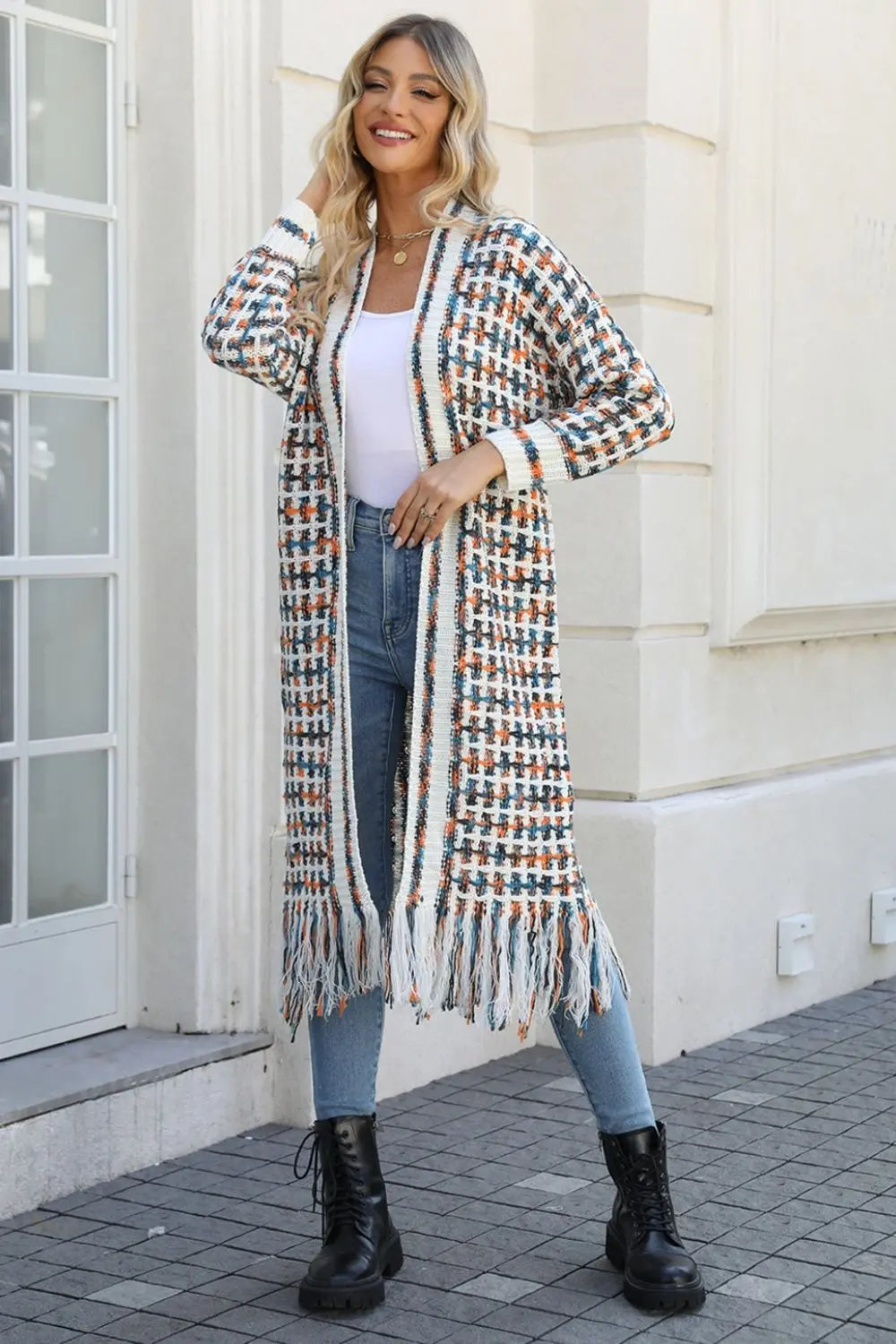 Multicolored Open Front Fringe Hem Cardigan Trendsi