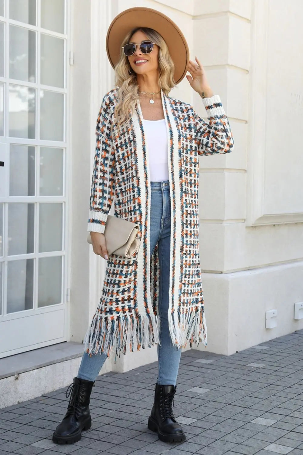 Multicolored Open Front Fringe Hem Cardigan Trendsi