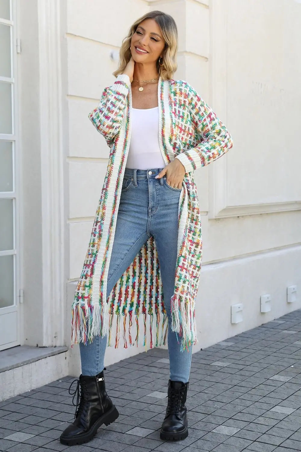 Multicolored Open Front Fringe Hem Cardigan Trendsi