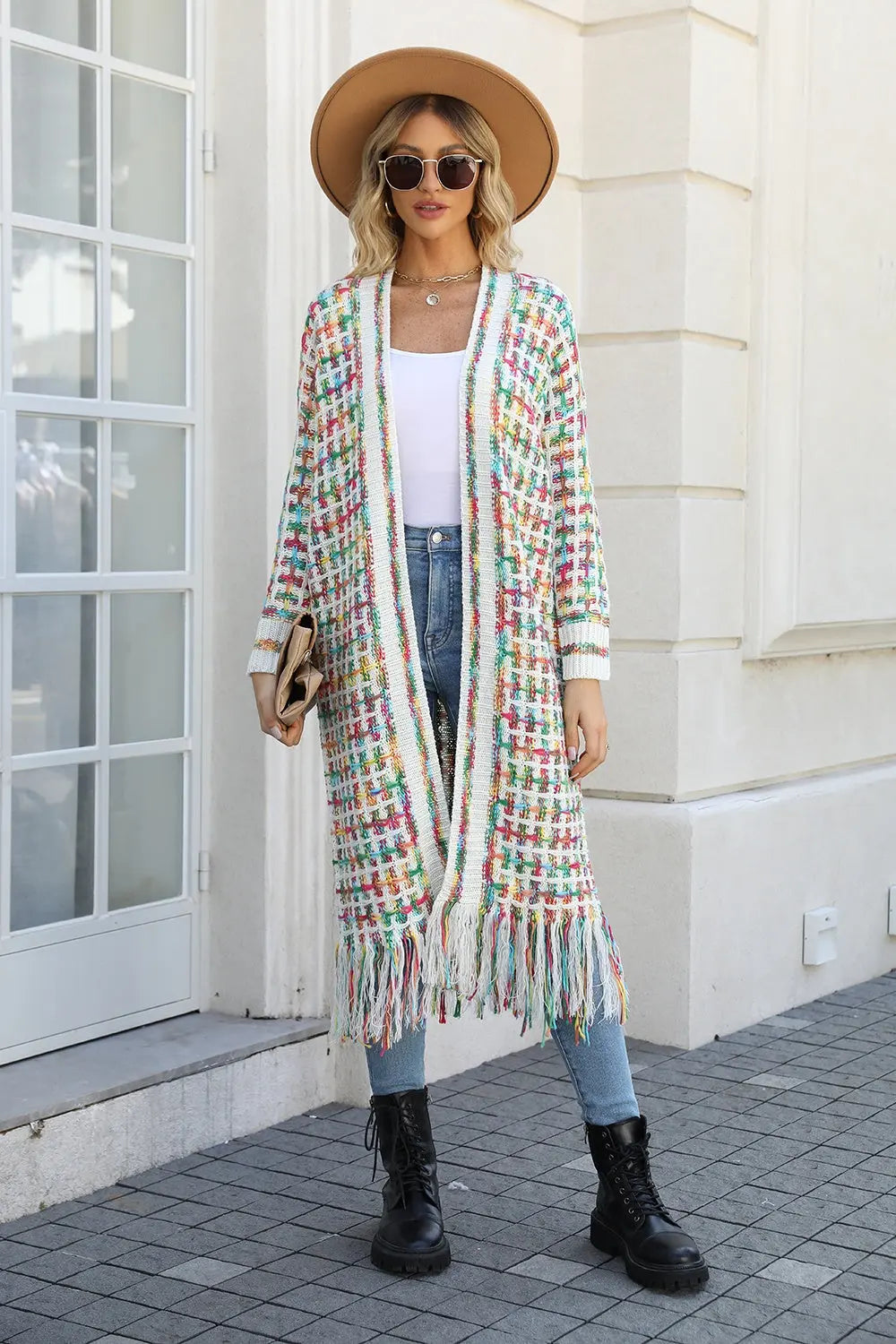 Multicolored Open Front Fringe Hem Cardigan Trendsi