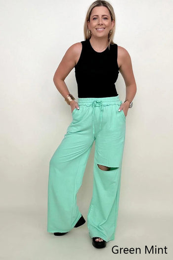 Zenana Distressed Knee French Terry Sweats With Pockets - New Colors Kiwidrop