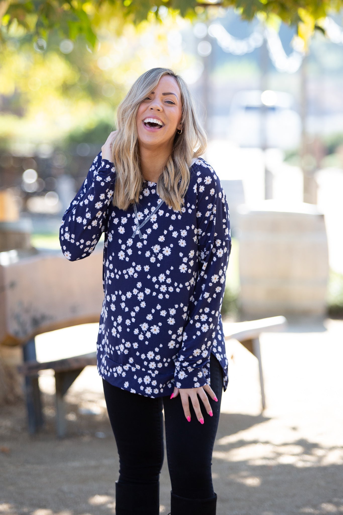 Navy and Daisy Long Sleeve Top Boutique Simplified