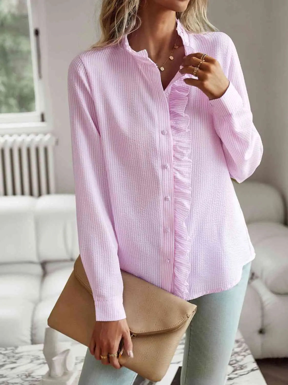 Nat Ruffle Trim Shirt |  Blush-Pink-XL |  Casual Chic Boutique