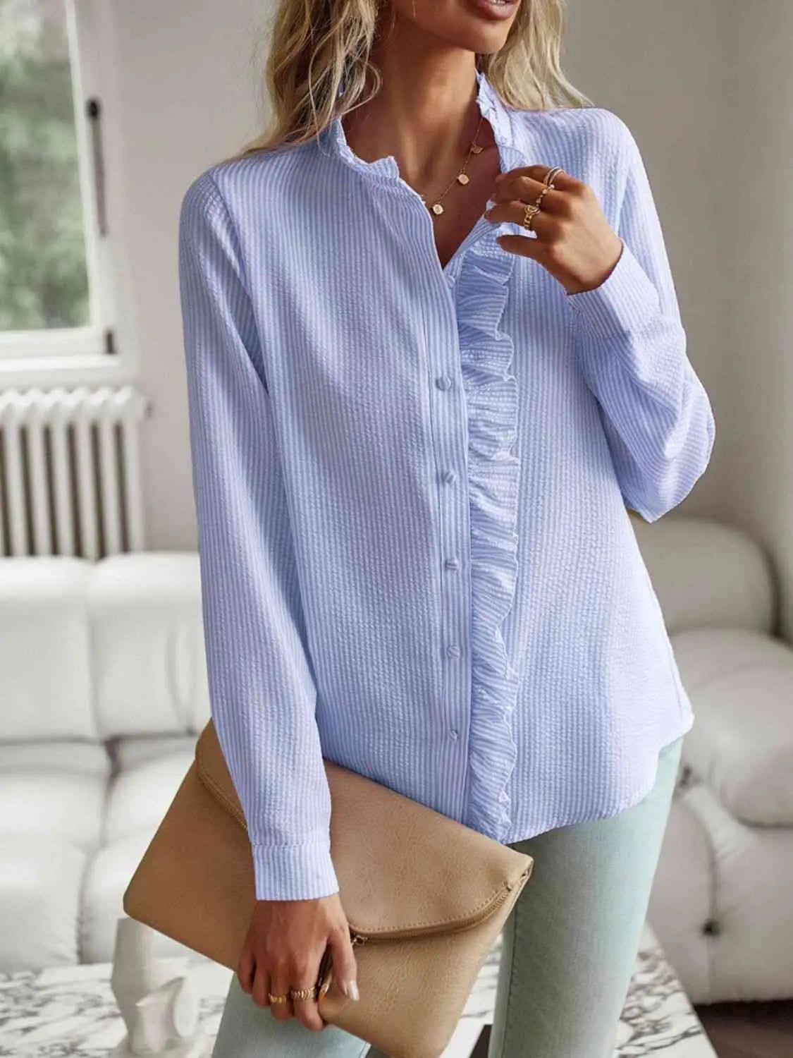 Nat Ruffle Trim Shirt |  Misty-Blue-XL |  Casual Chic Boutique