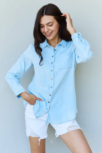 Doublju Blue Jean Baby Denim Button Down Shirt Top in Light Blue Ninexis