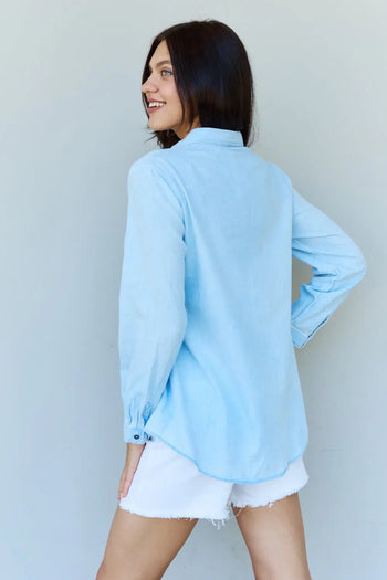 Doublju Blue Jean Baby Denim Button Down Shirt Top in Light Blue Ninexis