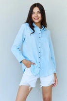 Doublju Blue Jean Baby Denim Button Down Shirt Top in Light Blue Ninexis