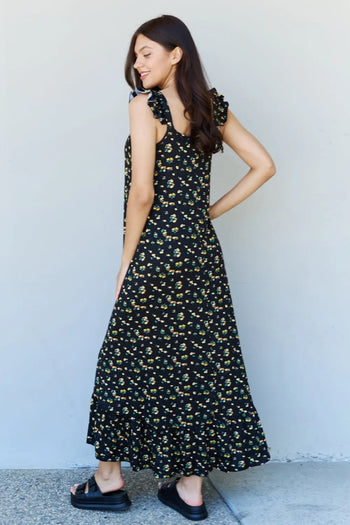 Doublju In The Garden Ruffle Floral Maxi Dress in  Black Yellow Floral Ninexis