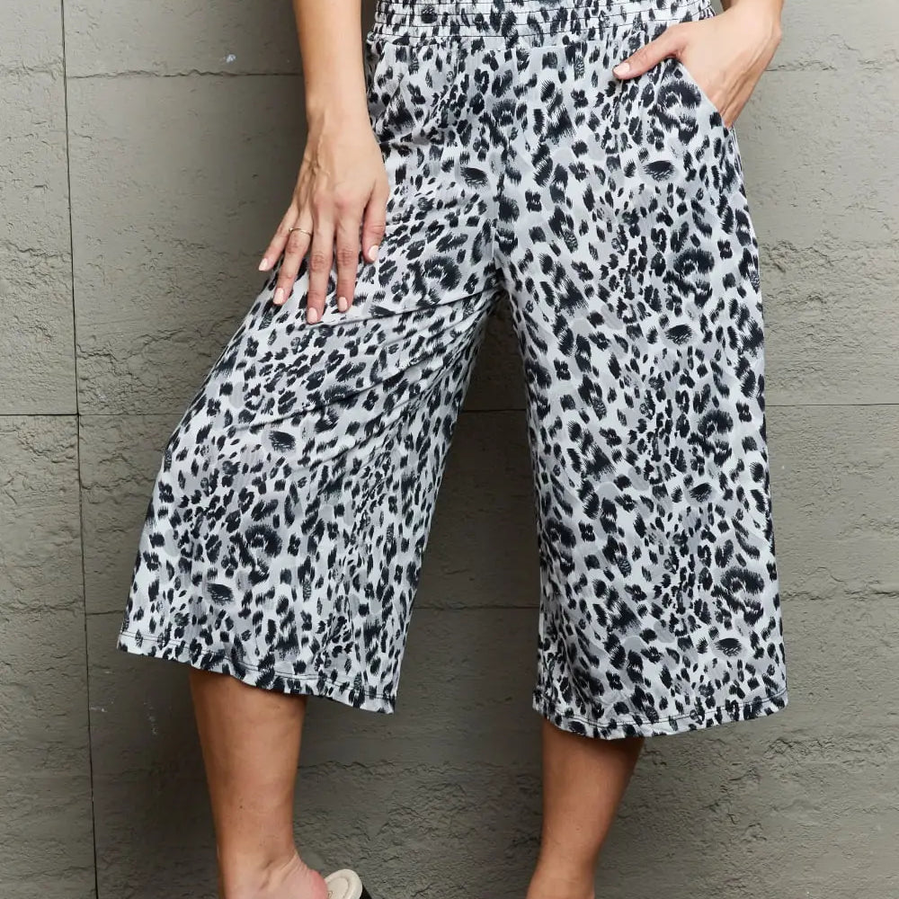 Ninexis Leopard High Waist Flowy Wide Leg Pants with Pockets Trendsi