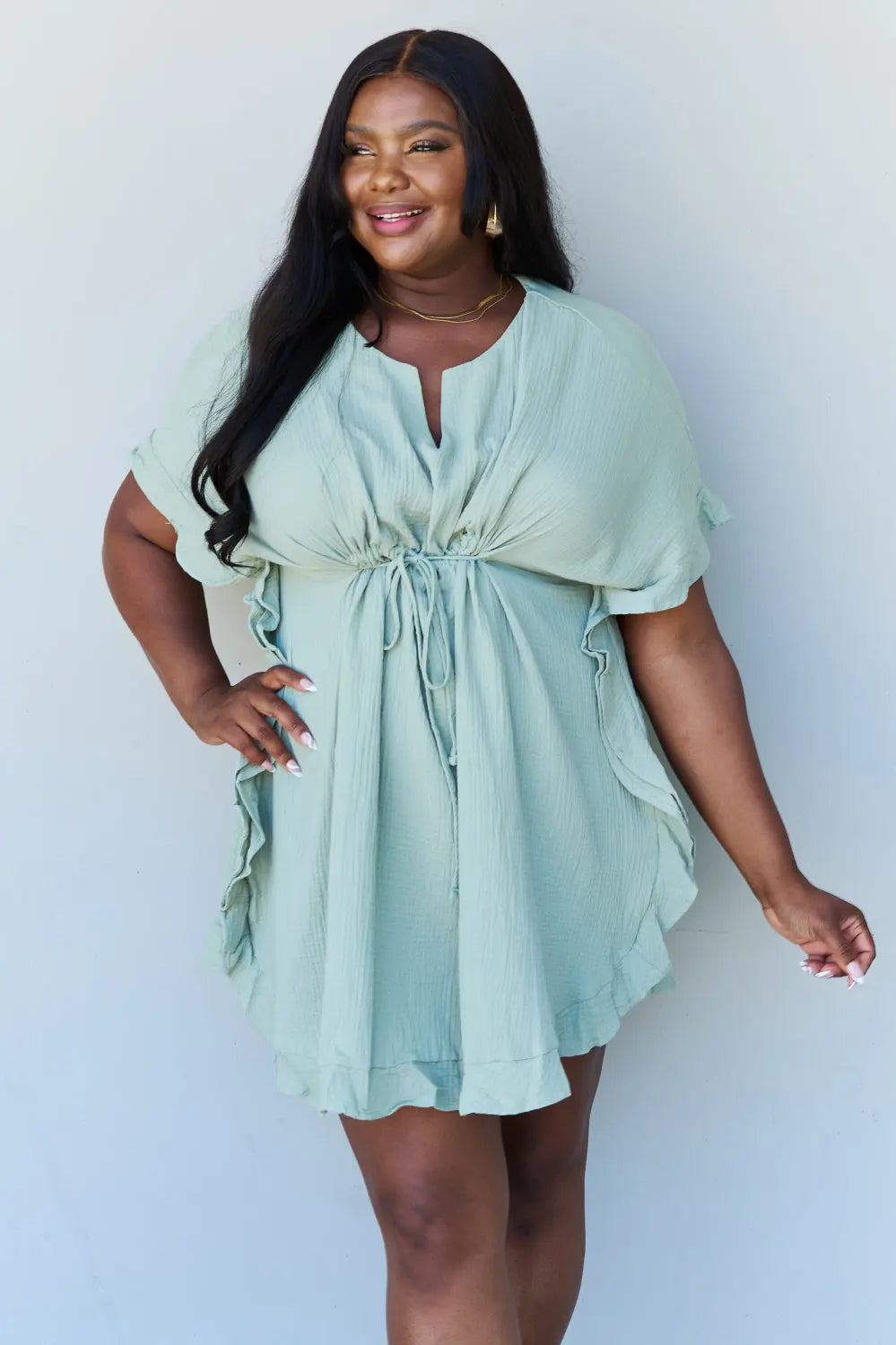 Ninexis Out Of Time Full Size Ruffle Hem Dress with Drawstring Waistband in Light Sage Trendsi