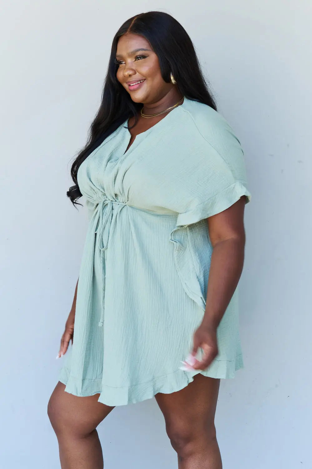 Ninexis Out Of Time Full Size Ruffle Hem Dress with Drawstring Waistband in Light Sage Trendsi