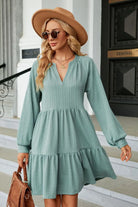 Notched Neck Long Sleeve Mini Dress Trendsi