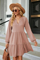 Notched Neck Long Sleeve Mini Dress Trendsi