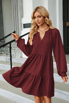 Notched Neck Long Sleeve Mini Dress Trendsi