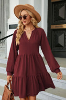 Notched Neck Long Sleeve Mini Dress Trendsi