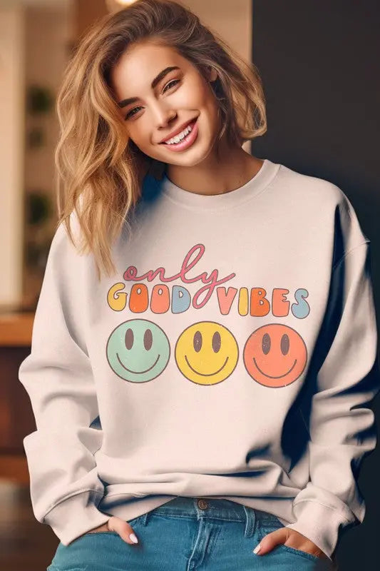 ONLY GOOD VIBES HAPPY FACES GRAPHIC SWEATSHIRT BLUME AND CO.