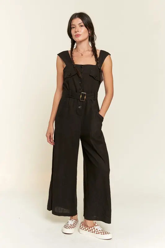 PLUS SLEEVELESS SQUARE NECK BUTTON ANKLE JUMPSUIT Jade By Jane