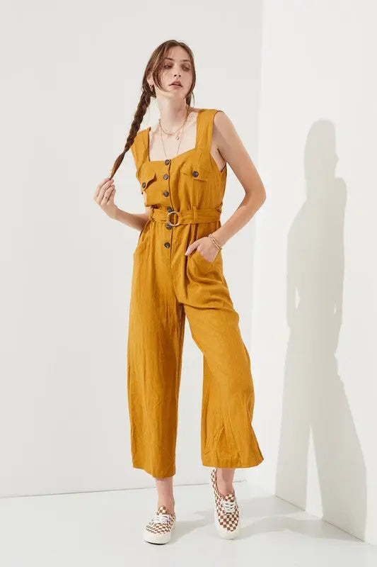 PLUS SLEEVELESS SQUARE NECK BUTTON ANKLE JUMPSUIT Jade By Jane