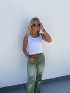 PREORDER: Blakeley Distressed Jeans In Olive and Camel Ave Shops