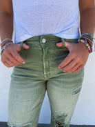 PREORDER: Blakeley Distressed Jeans In Olive and Camel Ave Shops