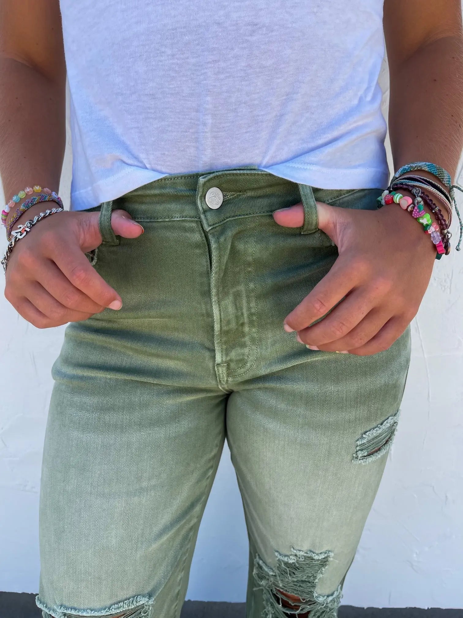 PREORDER: Blakeley Distressed Jeans In Olive and Camel Ave Shops